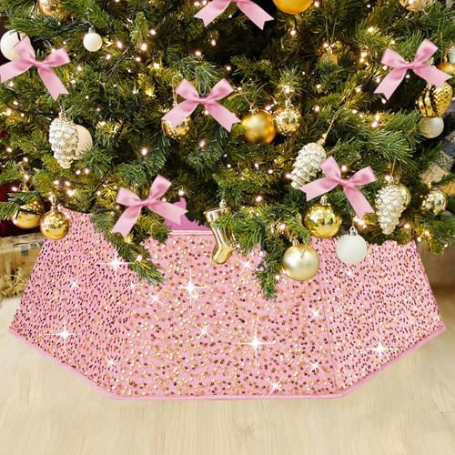 Pink Gold Tree Collar 31.49 Inch Sequin Foldable Christmas Tree Ring Velvet Tree Skirt Cover for 9ft Pencil Tree Holiday Xmas Decor by LJIE-House