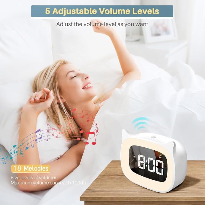 Cute Cat Ear Alarm Clock with Night Light for Bedroom,White - Image 5