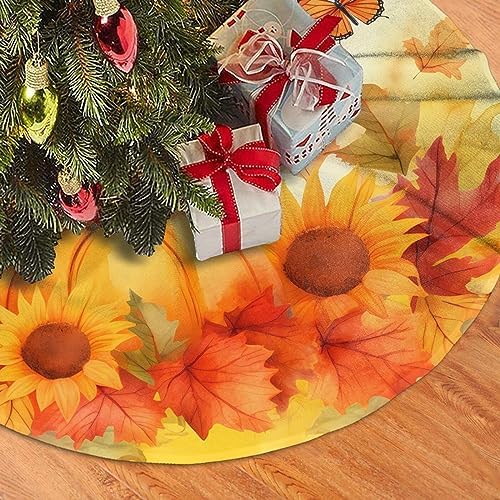 Fall Sunflowers Pumpkins Tree Skirts Xmas Ornaments, Butterflies Tree Mat for Christmas Party Holiday All Occasions 48" - Image 3