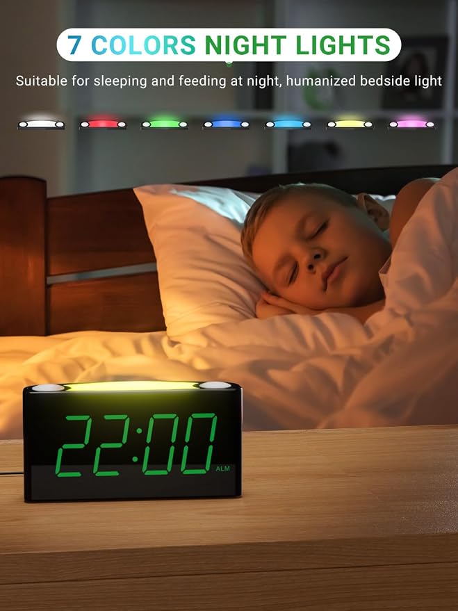 Alarm Clock for Bedroom, 7.5" Large Display LED Digital Clock with 7 Color Night Light,USB Phone Charger,Dimmer,Battery Backup,Easy to Set Loud Bedside Clock for Heavy Sleepers Adult Teen Kid Boy Girl - Image 4