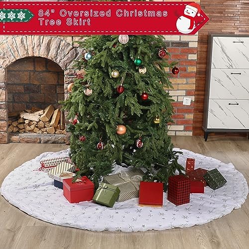Libima 84 Inches Large Christmas Tree Skirt Faux Fur with Sequins Silver Snowflakes for Xmas Tree Decorations White Ornaments for Merry Christmas Party Winter Holiday - Image 5
