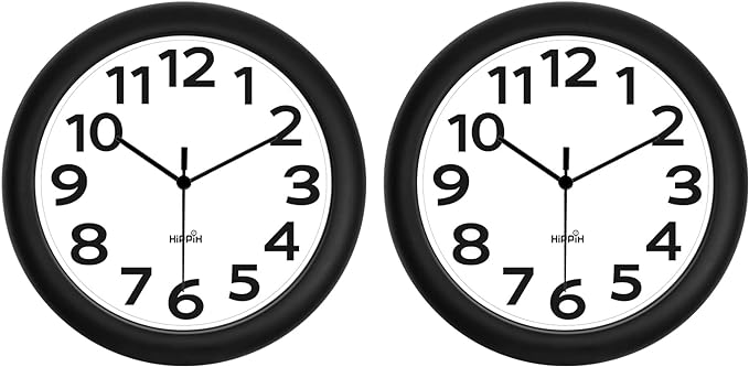 HIPPIH 2 Pack Silent Wall Clock, 10 Inch Non Ticking Quiet Digital Sweep Decorative Battery Operated Wall Clocks for Living Room Bedroom Kitchen School Office Decor, Black