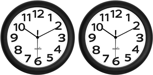 HIPPIH 2 Pack Silent Wall Clock, 10 Inch Non Ticking Quiet Digital Sweep Decorative Battery Operated Wall Clocks for Living Room Bedroom Kitchen School Office Decor, Black