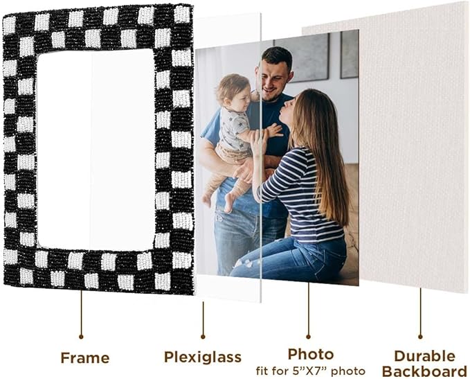 Folkulture Beaded Picture Frame for Wall or Tabletop | 5x7 B&W Checkered Modern Black & White Photo Frame with Plexiglass | Vertical & Horizontal Display | Handmade Home Décor, Housewarming