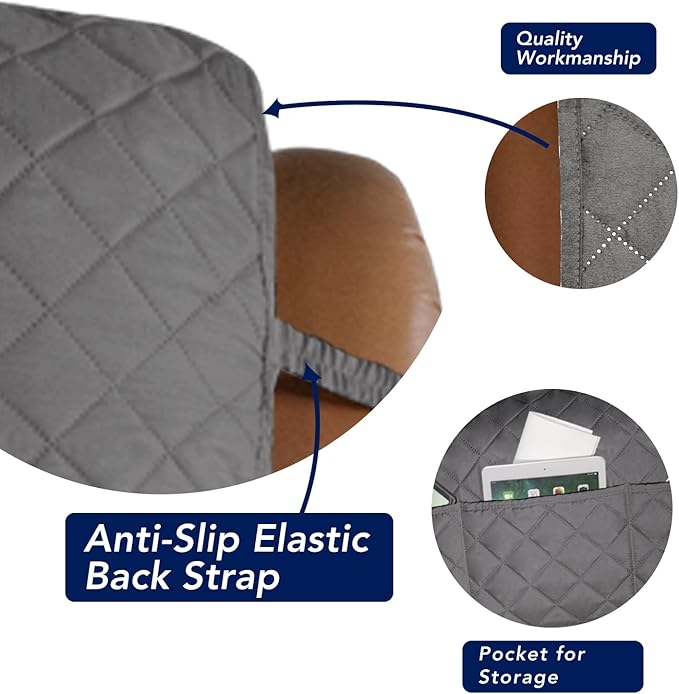 PureFit Reversible Quilted Sofa Cover, Water Resistant Slipcover Furniture Protector, Washable Couch Cover with Non Slip and Elastic Straps for Kids, Dogs, Pets (Oversized Recliner, Gray/Ivory)