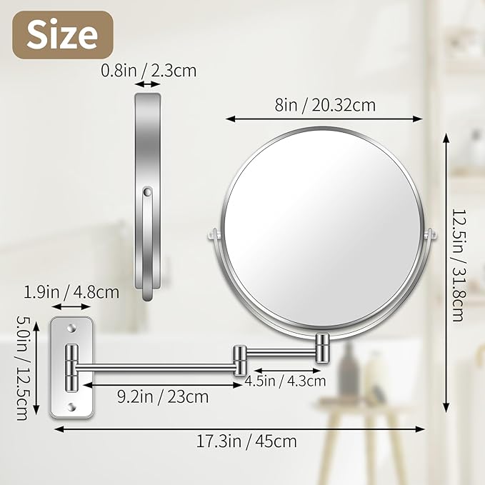 BTremary 8” Wall Mounted Magnifying Makeup Mirror 1X/7X Wall Mount Mirror Swing Arm Two-Sided 360° Swivel Bathroom Shaving Mirror for Men and Women in Hotel/Home, Chrome
