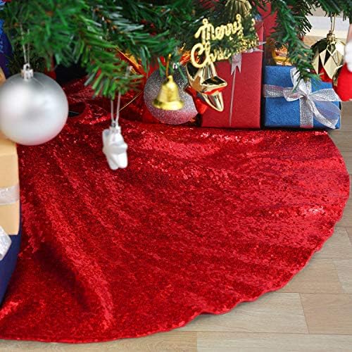 B-COOL Tree Skirts 48inches Red Christmas Sequin Tree Skirt Embroidered by B-COOL