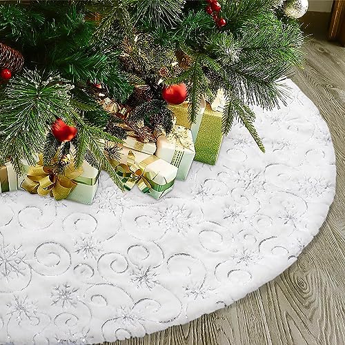 Dremisland Christmas Tree Skirt 36In White&Silver Tree Skirt with Snowflake - Image 5