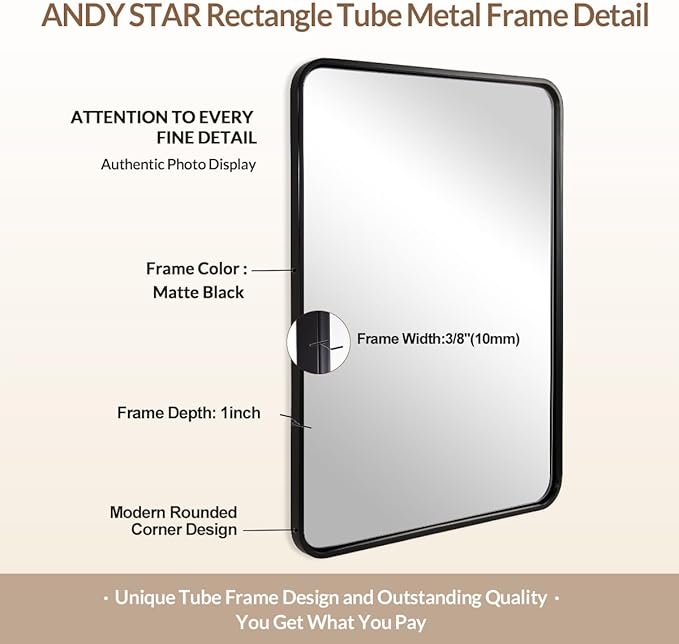ANDY STAR 24x40 Inch Bathroom Vanity Mirror, Black Rounded Rectangle Bathroom Mirror in1 Inch Tube Metal Frame Wall-Mounted Horizontal/Vertical