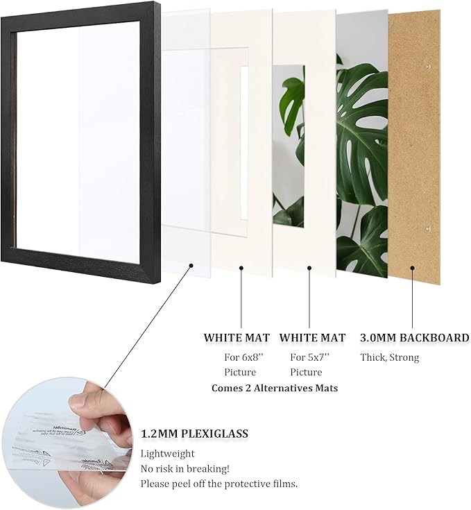 Egofine 9x12 Picture Frames 4PCS Covered by Plexiglass, Wood Frames for Pictures 5x7/6x8 with Mat or 9x12 without Mat, Tabletop and Wall Mounting Display, Black with Texture