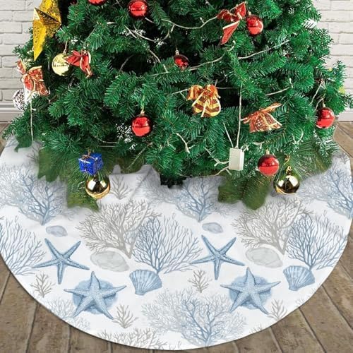 Christmas Tree Skirt, Summer Seashell Beach Starfish Xmas Large Tree Mat, Party Decorations 30" inches - Image 4