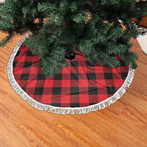 Christmas Tree Skirt 48" Inch Red and Black Plaid Xmas Tree Skirt Mat with White Tassel for Party Holiday, Tree Skirt Christmas Decorations - Image 3