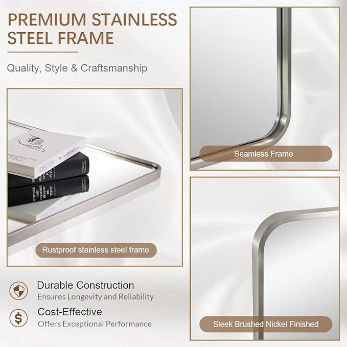 ANDY STAR Mirrors for Wall, 20x28’’ Brushed Nickel Bathroom Mirror, Rounded Rectangle Mirrors for Vanity, Anti-Rust SUS304, Tube Metal Frame, 1’’ Deep Wall Mounted Vertically/Horizontal