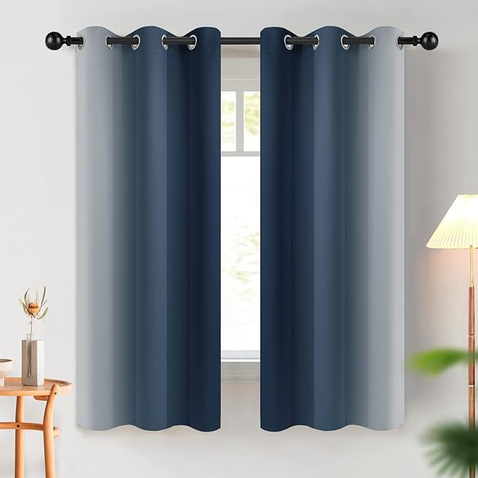 COSVIYA Grommet Ombre Room Darkening Curtains 63 inch Length, Navy Blue and Greyish White Gradient Drapes Light Blocking Insulated Thermal Window Curtains for Bedroom/Living Room,2 Panels,42x63 inches