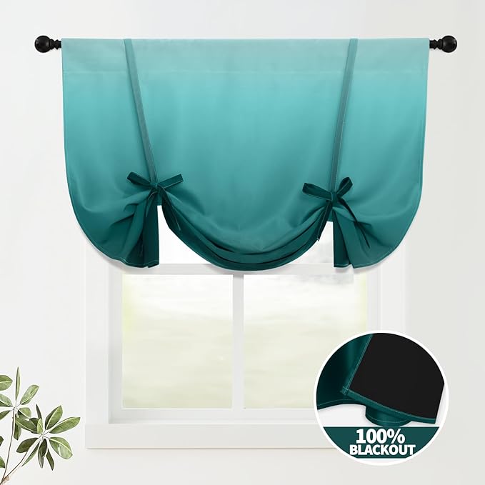 COSVIYA 100% Blackout Ombre Teal Adjustable Tie Up Curtains for Kitchen Thermal Insulated Room Darkening Valance Rod Pocket Balloon Roman Shade for Small Window,48" L x 42" W, 1 Panel