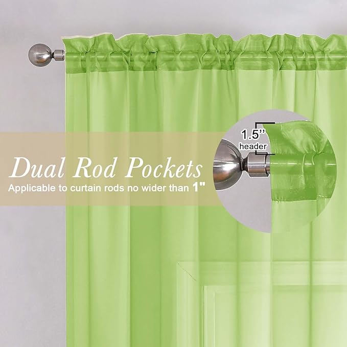 Lecloud Lime Sheer Curtains 96 Inches Long 2 Panels, Dual Rod Pockets Living Room Decor Light Filtering Curtains, Elegant Solid Color Window Treatment Drapes for Bedroom, Each Panel 42" W x 96" L
