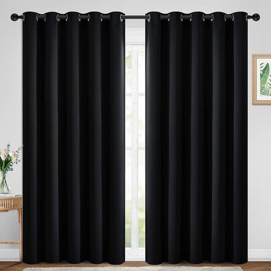 Yakamok 84 Inch Length 100% Blackout Curtains for Bedroom, Light Blocking Drapes Room Darkening Thermal Insulated Solid Grommet Panels for Living Room(70Wx84L, Black, 2 Panels)
