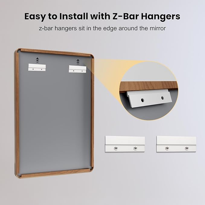 LOAAO 20X16 Inch Bathroom Mirror with Wood Grain Colored Metal Frame, Rounded Rectangle Metal Framed Bathroom Mirror, Anti-Rust, Hangs Horizontally or Vertically
