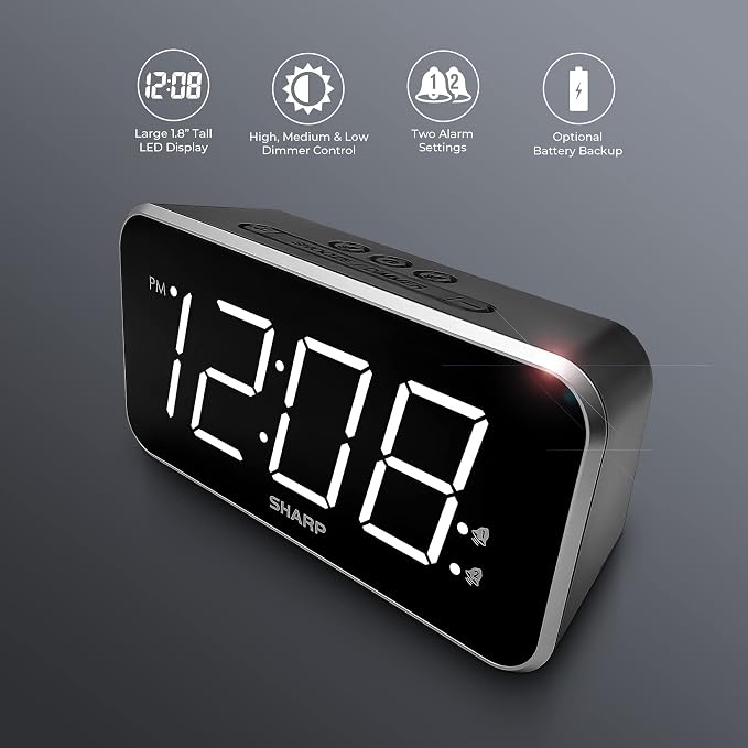 Sharp Digital Alarm Clock, 1.8" Jumbo White LED Display, Dual Alarm, Black - Image 2