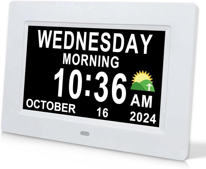 SSINI Digital Calendar Dementia Alarm Clock with Day and Date for Elderly - 15 Alarms 5 Colors Display Digital Clock Large Display Alzheimers Large Digital Clock for Seniors (7in White) by SSINI