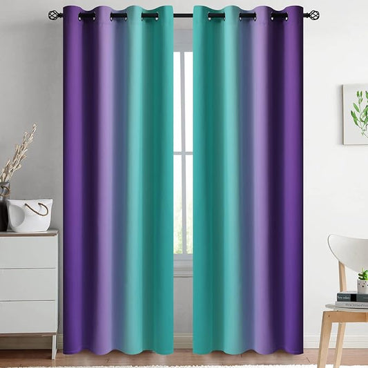 Yakamok Ombre Teal and Purple Curtains for Bedroom, Gradient Room Darkening Curtains 84 inches long,Grommet Thermal Insulated Light Blocking Window Drapes/Curtain for Living Room,52 x 84 Inch,2 Panels