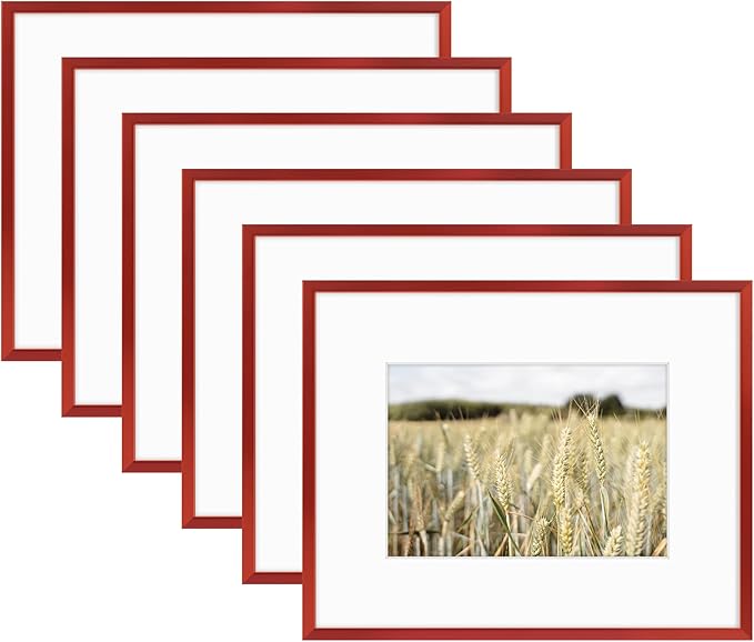 Golden State Art 8x10 Picture Frame 6 Pack - Dark Red Aluminum Photo Frames With 5x7 Mats and Real Glass Cover - Elegant Minimalist Wall Gallery Frames for Home or Office Decor