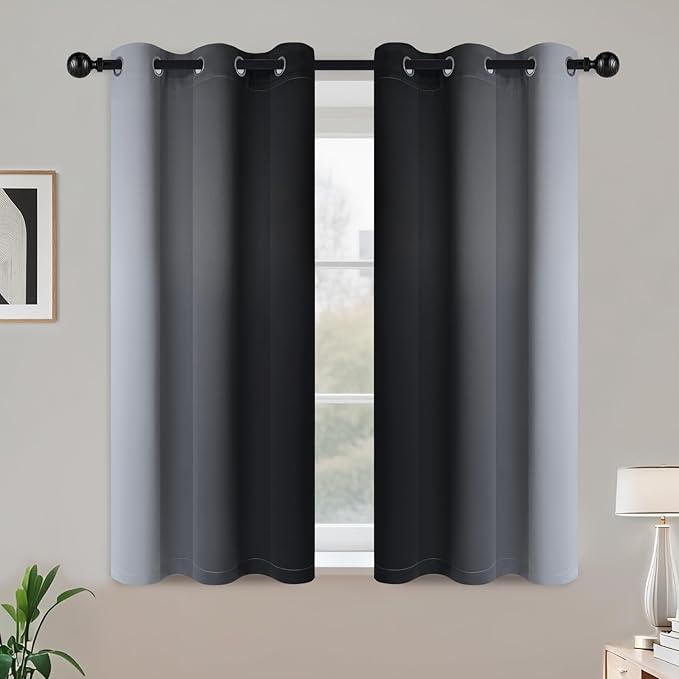 COSVIYA Grommet Ombre Room Darkening Curtains 45 inch Length, Black and Greyish White Gradient Drapes Light Blocking Insulated Thermal Window Curtains for Bedroom/Living Room,2 Panels,42x45 inches