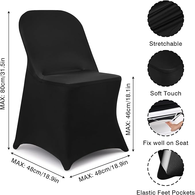 Fixwal 100 Pcs Black Folding Chair Cover, Spandex Stretch Covers Ideal for Wedding, Party, Dining, Business Meeting, Banquet, Universal Fitted Washable Slipcover