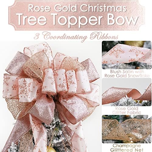 MEEDEE Rose Gold Christmas Tree Topper Rose Gold Glitter Christmas Bows 12" Wide Snowflake Ribbon Bow Rose Gold Christmas Bows Rose Gold Christmas Topper Rose Gold Bows for Christmas Tree (1 Pack) - Image 2