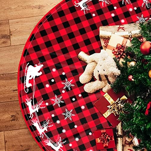 48 Inches Red Black Buffalo Plaid Christmas Tree Skirt Rustic Thick Xmas Tree Skirt with Snowflake Elk and Santa Claus Winter Happy New Year Decoration for Home Holiday Party by OWCRNEF