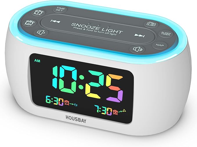 HOUSBAY Glow Small Colorful Alarm Clock Radio with Rainbow Digit, 7 Color Night Light with ON/Off Options, Dual Alarm, Dimmer, FM Radio with SleepTimer for Bedrooms by HOUSBAY