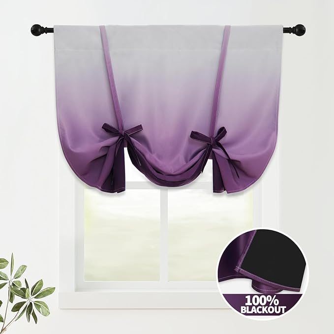 COSVIYA 100% Blackout Ombre Purple Adjustable Tie Up Curtains for Kitchen Thermal Insulated Room Darkening Valance Rod Pocket Balloon Roman Shade for Small Window,48" L x 34" W, 1 Panel