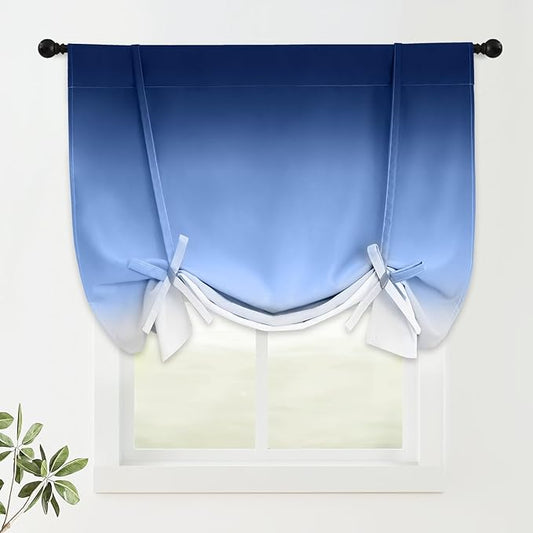 COSVIYA 100% Blackout Thermal Insulated Curtains 42x63 Inch - Spring/Summer Ready Ombre Blue Tie-Up Balloon Roman Shade, Adjustable Room Darkening Valance with Rod Pocket for Small Windows (1 Panel)