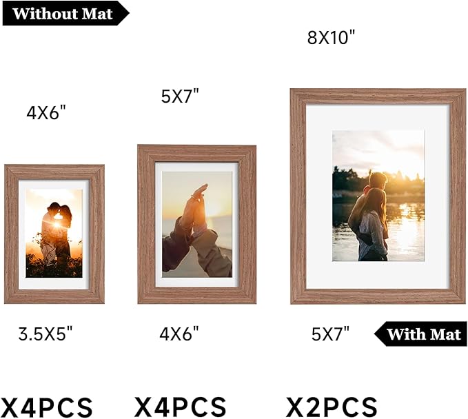 Picture Frames, Made of Real Glass and Wooden Frame, Gallery Photo Frames Set of 10 for Collage Wall Decor, Multi Sizes Including 8x10, 5x7, 4x6 for Mounting or Tabletop Display, Light Brown