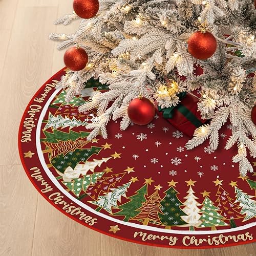 Merry Christmas Pine Stars Red Tree Skirt 48 Inches - Image 3