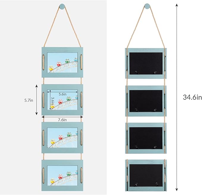 DLQuarts 4x6 Hanging Collage Picture Frames Wall Decor, 4-Opening 4x6 Photo without Mat Rustic Wood Frame with Hemp Rope, 1 Pack, Ocean Blue