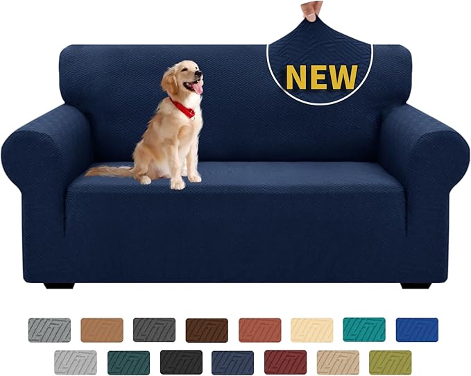 XINEAGE 2026 New 1 Piece Couch Covers for 2 Cushion (55"-69") Stretch Loveseat Sofa Cover Slipcover Jacquard Universal Furniture Protector with Elastic Bottom for Kids,Dog (Loveseat, Navy Blue)