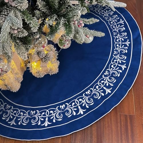 Blue Christmas Tree Skirt Velvet 30 inch，Elegant Velvet Fur Plush Blue Tree Skirt, Xmas Tree Skirts with Floral Embroidered Vintage Pattern Round for Merry Christmas Party Xmas Tree Decorations by Scritism