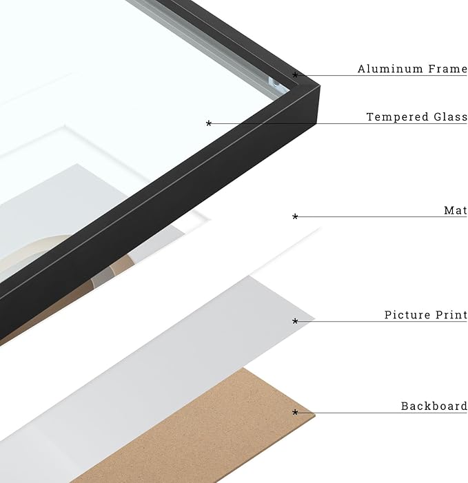 Frametory, Aluminum Picture Frames Set of 7 - Black Gallery Wall Kit - Displays One 11x14, Two 8x10, and Four 5x7 inch Photos for Home Decoration