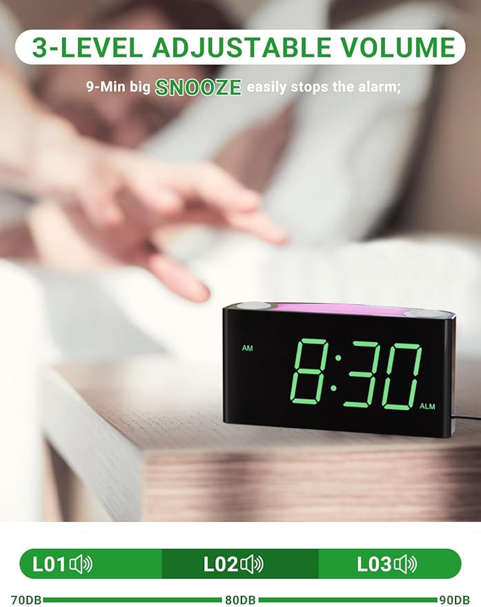 Alarm Clock for Bedroom, 7.5" Large Display LED Digital Clock with 7 Color Night Light,USB Phone Charger,Dimmer,Battery Backup,Easy to Set Loud Bedside Clock for Heavy Sleepers Adult Teen Kid Boy Girl - Image 6