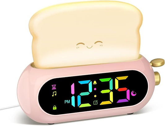 Netzu Alarm Clock for Kids, OK to Wake Clock with Night Light and Sound Machine, Pink Clock with 10 RGB Color, 6 Alarm Tones, Nap Timer, Snooze, Bedside Clocks for Girls Kids Teens Birthday Gifts by Netzu