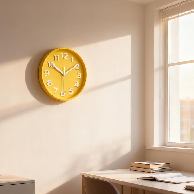 45MinST 8-Inch Yellow Modern Wall Clock ?€? Silent Non-Ticking, 3D Large Numbers, Accurate Timekeeping | Decorative Wall & Desk Clock with Stand for Living Room, Bedroom, Kitchen, or Office