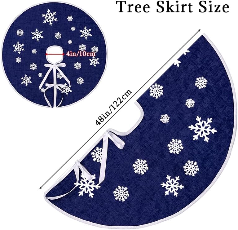48 Inch Burlap Christmas Tree Skirt with White Snowflakes, Dark Blue - Image 3