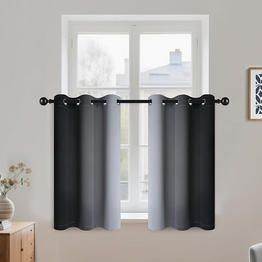 COSVIYA Grommet Ombre Room Darkening Curtains 36 inch Length, Black and Greyish White Gradient Drapes Light Blocking Insulated Thermal Window Curtains for Bedroom/Living Room,2 Panels,42x36 inches