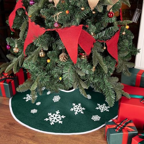 30 Inch Burlap Christmas Tree Skirt with White Snowflakes, Dark Green - Image 2