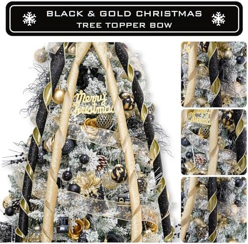 Hismir Large Christmas Tree Topper Bow，Black & Gold 53x13 Inches - Image 3