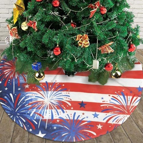 Christmas Tree Skirt, American Flag Firework Patriotic Memorial Day Xmas Large Tree Mat, New Year Festive Holiday Party Decorations 36" inches - Image 4
