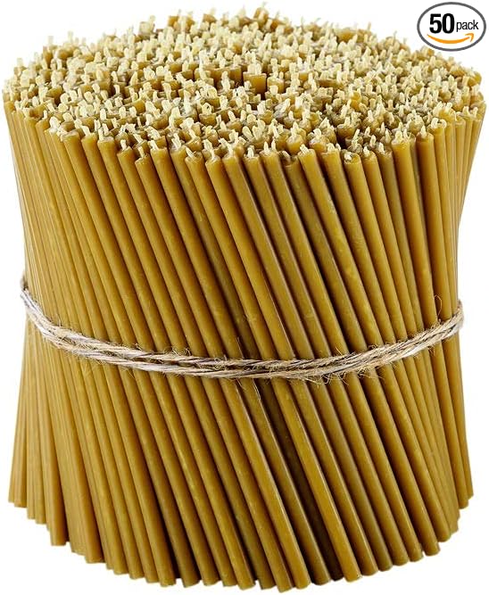 Danilovo Pure Beeswax Candles - Honey-Scented, Decorative Thin Taper Candles - Ideal for Birthday Decoration or Church Prayers - Drip Free, Tall & Smokeless Pack of 50 pcs, 6.3 x 0.2 inch