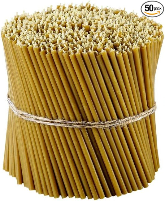 Danilovo Pure Beeswax Candles - Honey-Scented, Decorative Thin Taper Candles - Ideal for Birthday Decoration or Church Prayers - Drip Free, Tall & Smokeless Pack of 50 pcs, 6.3 x 0.2 inch