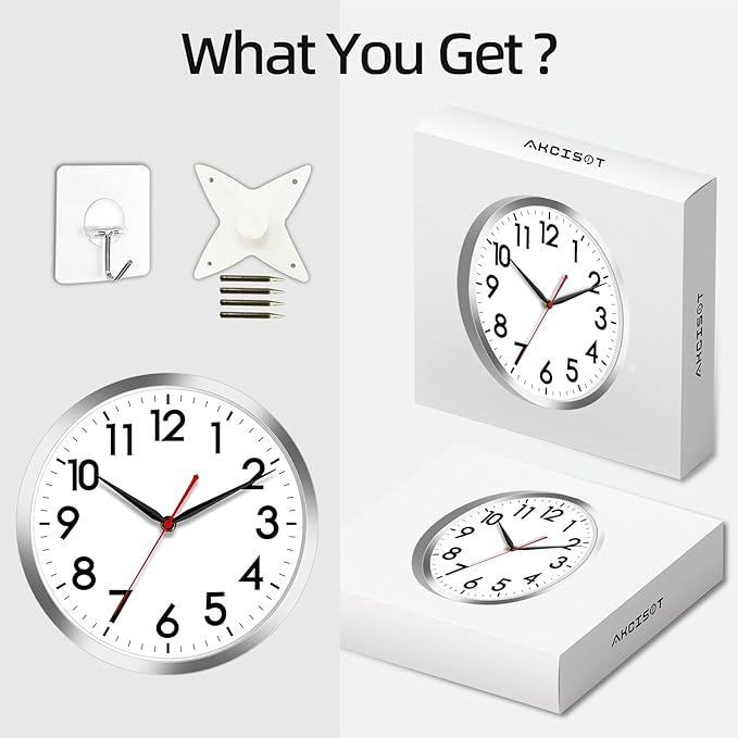 AKCISOT Wall Clock 14 Inch Large Silent Wall Clocks Battery Operated, Silver Modern Non-Ticking Clock Decorative for Living Room,Kitchen,Bathroom,Bedroom,Office,Home,Classroom,School